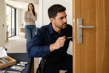Chaveiro instalando uma nova fechadura em uma porta.