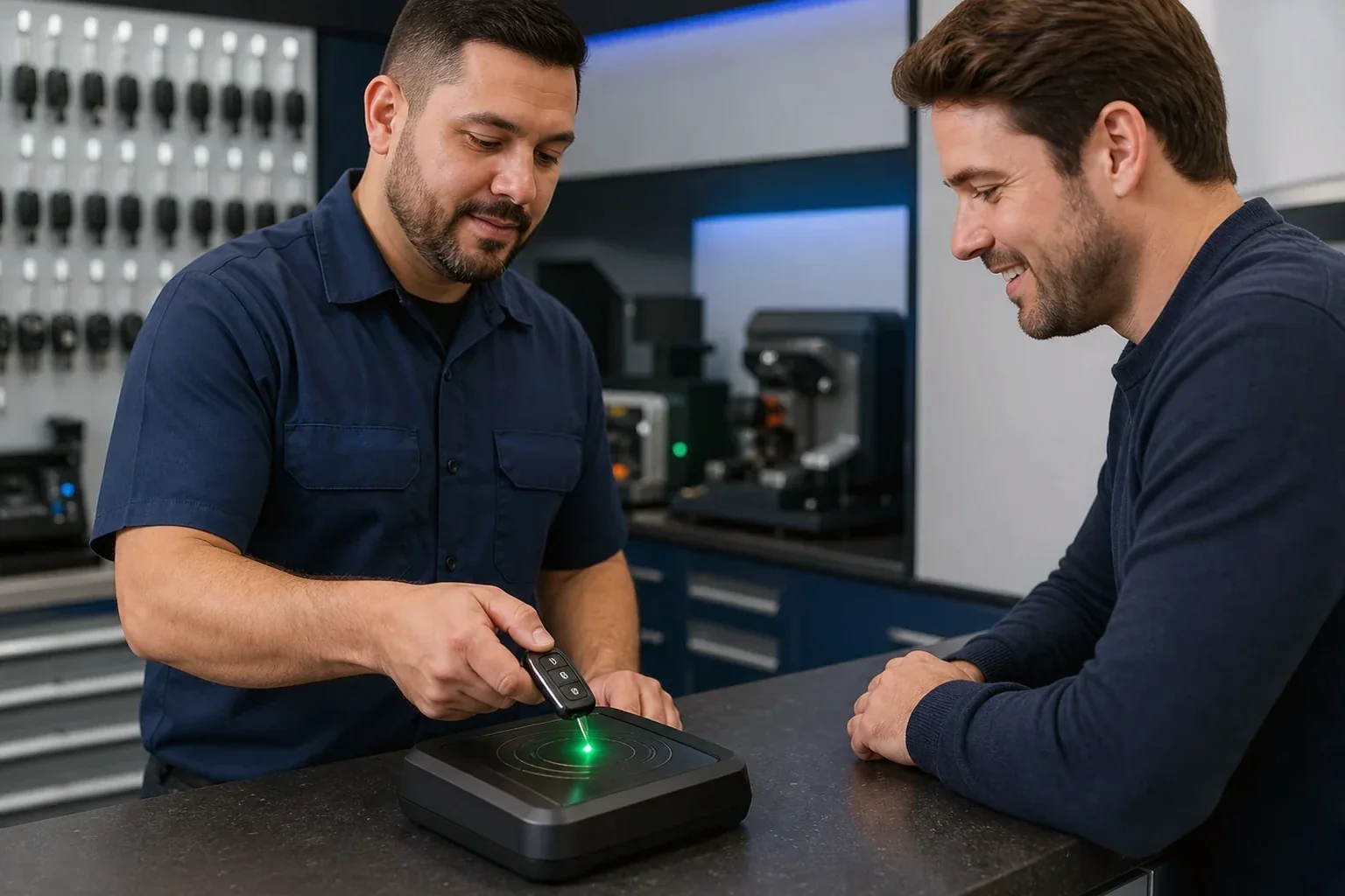 Chaveiro programando um controle remoto para automóvel.