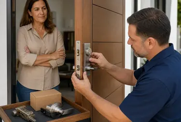 Chaveiro trocando uma fechadura em uma porta.