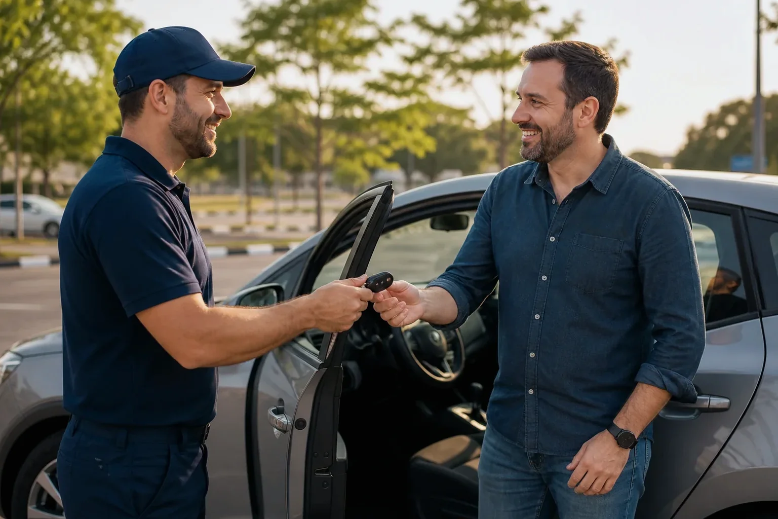 Profissional de chaveiro abrindo um carro com ferramentas específicas.