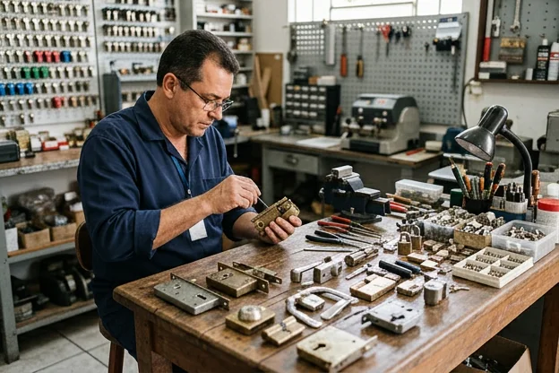 Variedade de fechaduras dispostas em uma mesa, com um profissional avaliando as opções.